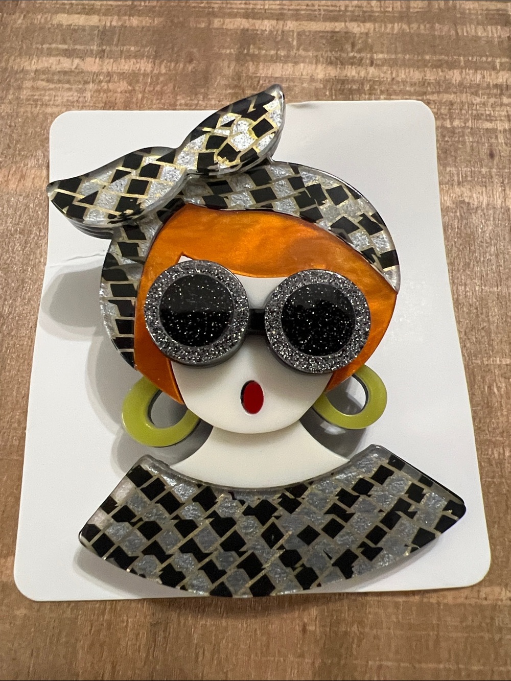 3/$18 Stylish Orange & Black Accessory Brooch - Retro Girl Design Lot 6049